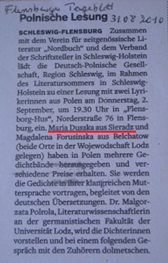 Artykuł o spotkaniu autorskim Marii Duszki we Flensburgu